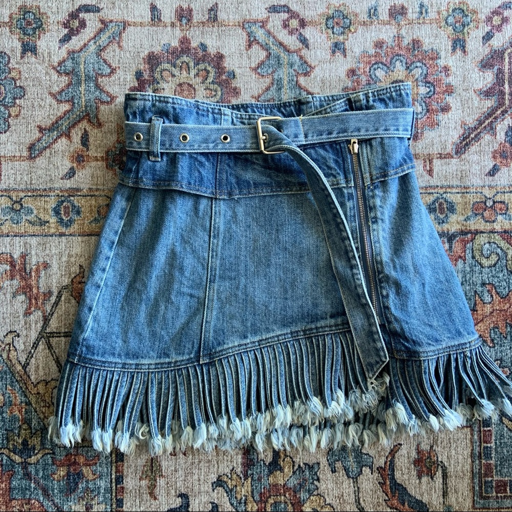 Dolls Kill high waisted fringe denim skirt